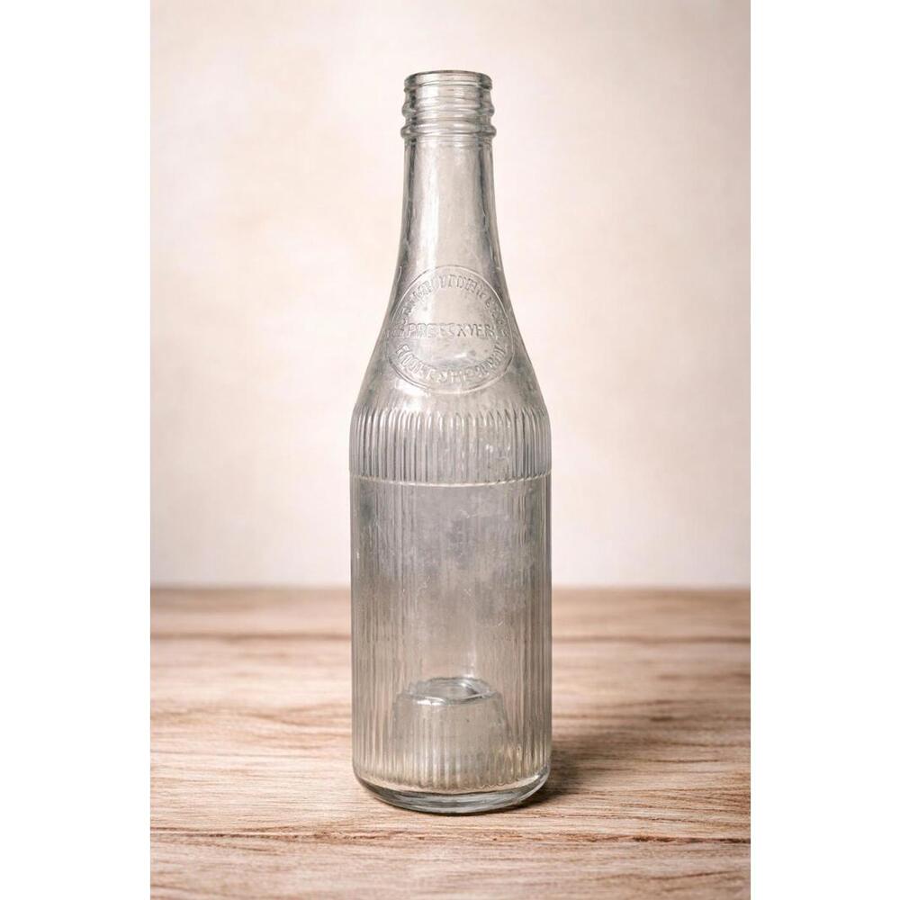 Curtice Brothers Antique 1910s Clear Ribbed Glass Ketchup Bottle, 2.25x8”